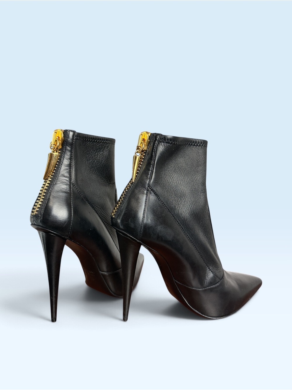 Giuseppe Zanotti Black Leather Pointed Toe Gold Zip Stiletto Ankle Boots 39